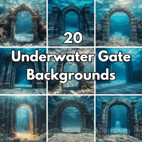 20 Underwater Gate Backgrounds, Sunken Ancient Arches and Deep Sea Ruins Assets cover image.