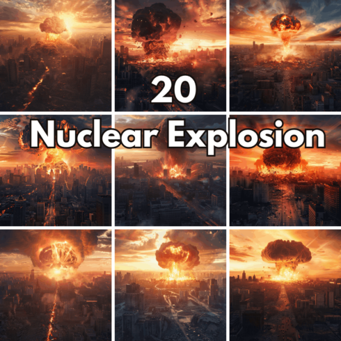 20 Nuclear Explosion Graphics, Apocalyptic City Destruction and Blast Illustrations cover image.