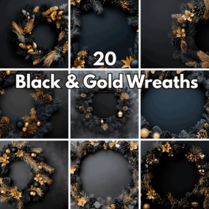 20 Black and Gold Christmas Wreath Graphics, Luxury Holiday and Winter Festivity Illustrations cover image.