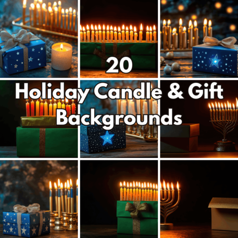 20 Festive Candle and Gift Box Backgrounds, Hanukkah & Christmas Digital Papers cover image.