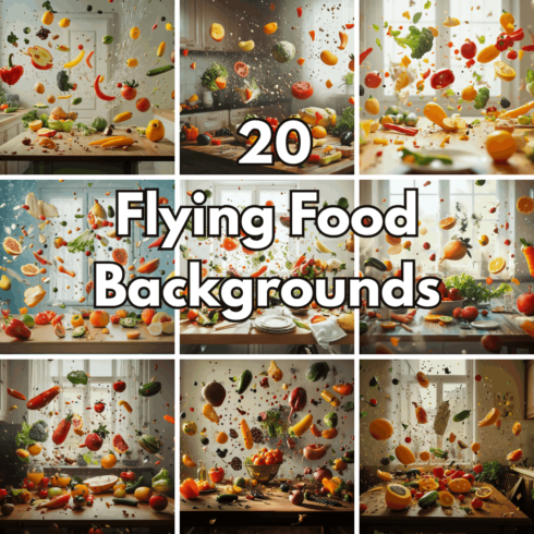 20 Flying Food Backgrounds, Levitating Kitchen Vegetables and Fresh Fruits Dynamic Wallpapers cover image.