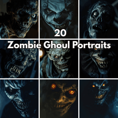 20 Zombie Ghoul Portraits, Creepy Undead Monster Backgrounds and Horror Graphics cover image.