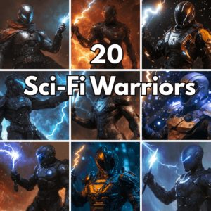 20 Sci-Fi Warrior Graphics, Futuristic Cyber Armor and Energy Storm Illustrations cover image.