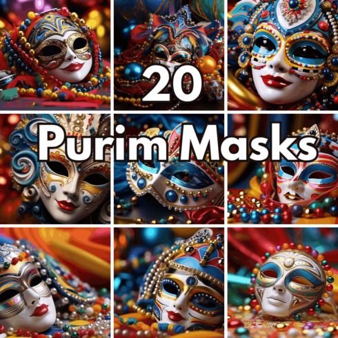 20 Purim Masks Graphics, Carnival and Masquerade Party Illustrations cover image.