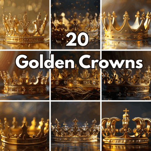 20 Golden Crowns Graphics, Royal Tiara and Luxury Jeweled Coronet Illustrations cover image.