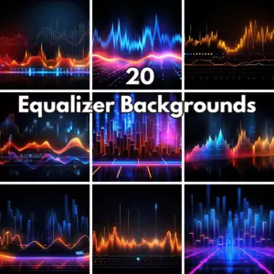 20 Equalizer Backgrounds, Neon Sound Waves and Audio Frequency Graphics, Cyberpunk Music Visualizer Assets cover image.