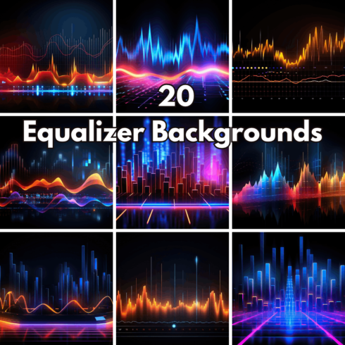 20 Equalizer Backgrounds, Neon Sound Waves and Audio Frequency Graphics, Cyberpunk Music Visualizer Assets cover image.