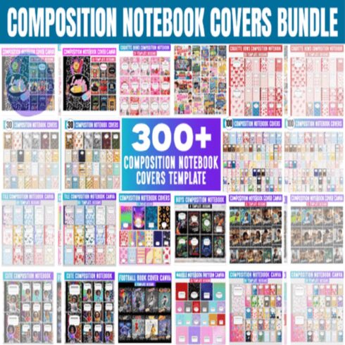 Mega Composition Notebook Cover Canva Template Bundle | Coquette Bows & Aesthetic Back to School Printable Covers cover image.