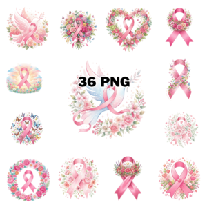 Breast Cancer Awareness Pink Ribbon Sublimation Clipart Bundle cover image.