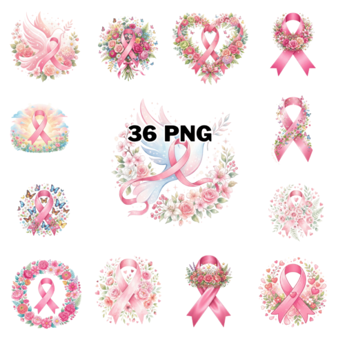 Breast Cancer Awareness Pink Ribbon Sublimation Clipart Bundle cover image.