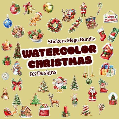 Watercolor Christmas Stickers Mega Bundle - 93 Designs cover image.