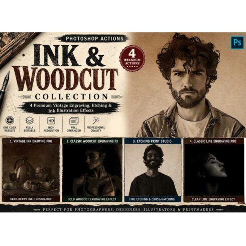 Ink & Woodcut Collection Photoshop Actions cover image.
