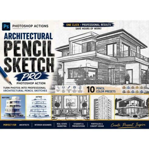 Architectural Pencil Sketch Pro Photoshop Action cover image.