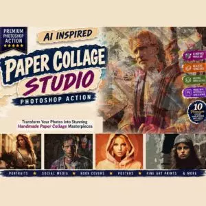 AI Paper Collage Studio Photoshop Action cover image.