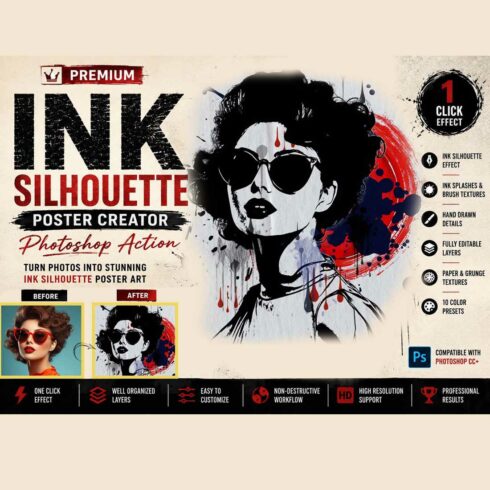 Ink Silhouette Poster Creator Photoshop Action cover image.