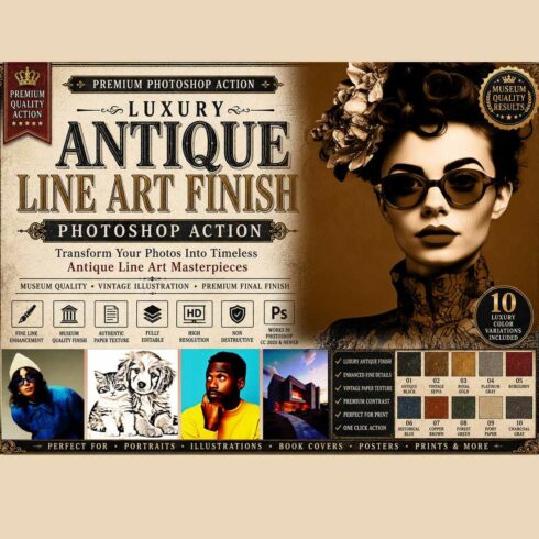 Luxury Antique Line Art Finish Photoshop Action cover image.