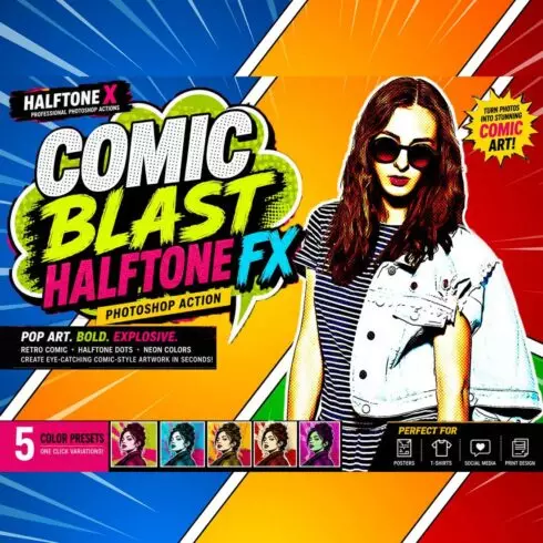 Comic Blast Halftone FX Photoshop Action cover image.