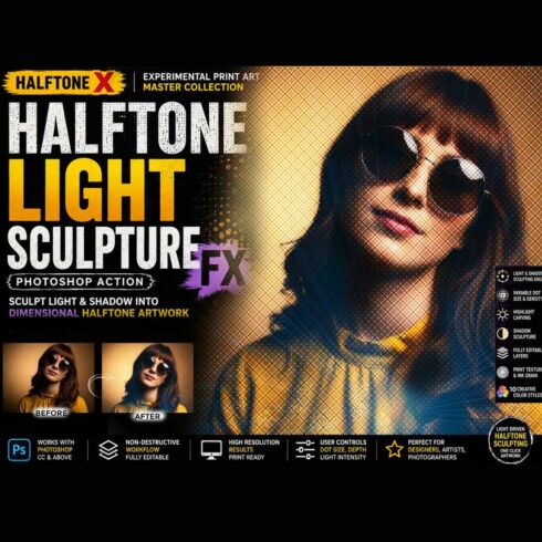 Halftone Light Sculpture FX Photoshop Action cover image.