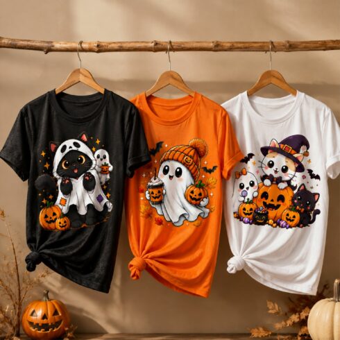 Halloween T-Shirt Stickers Master Bundle | Cute Cat & Ghost Halloween Shirt Designs | Printable PNG Graphics cover image.