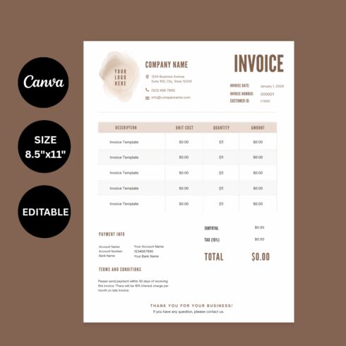 Minimalist Invoice Template for Canva | Neutral Brown Business Billing Form & Receipt cover image.