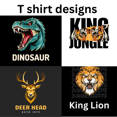Wild Animal Vector T-Shirt Designs – Lion, Tiger, Dinosaur & Deer Head Mascot cover image.