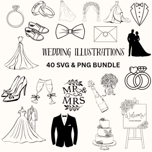 Wedding Illustrations Bundle - 40 SVG & PNG Files for Bridal Design cover image.