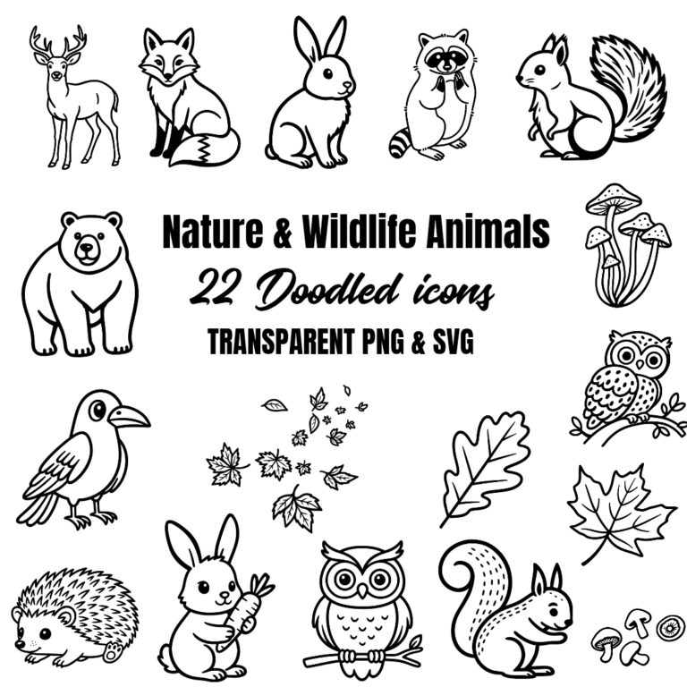 Nature & Wildlife Animals Doodled Icons - 22 Transparent PNG & SVG Bundle cover image.