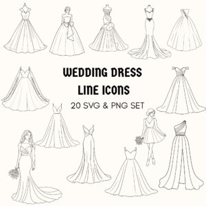 Wedding Dress SVG Bundle | 20 Line Art Icons | Bridal Gown Clipart PNG | Bride & Bridesmaid Illustrations | Transparent Background | Commercial Use cover image.