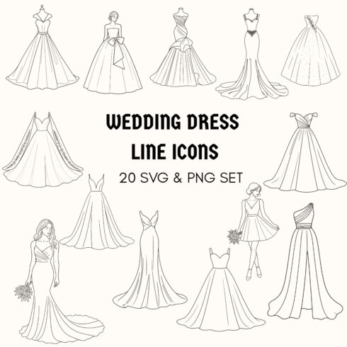 Wedding Dress SVG Bundle | 20 Line Art Icons | Bridal Gown Clipart PNG | Bride & Bridesmaid Illustrations | Transparent Background | Commercial Use cover image.