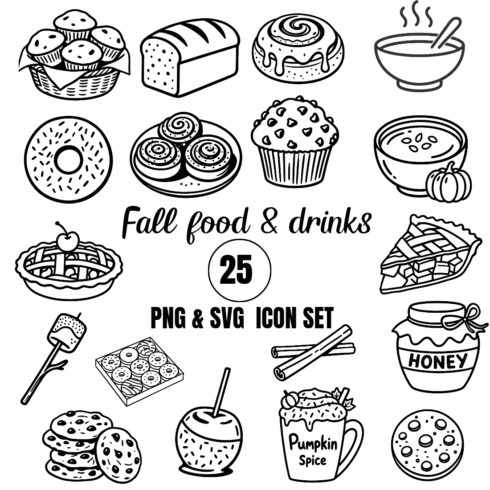 Fall Food & Drinks SVG Bundle | 25 Line Art Icons | Pumpkin Spice Cinnamon Roll Pie Clipart PNG | Transparent Background | Commercial Use cover image.