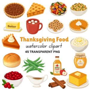 Thanksgiving Food Clipart Bundle | 45 PNG Watercolor Illustrations | Pumpkin Pie Turkey Stuffing Cranberry Sauce Clipart | Transparent Background | Commercial Use cover image.