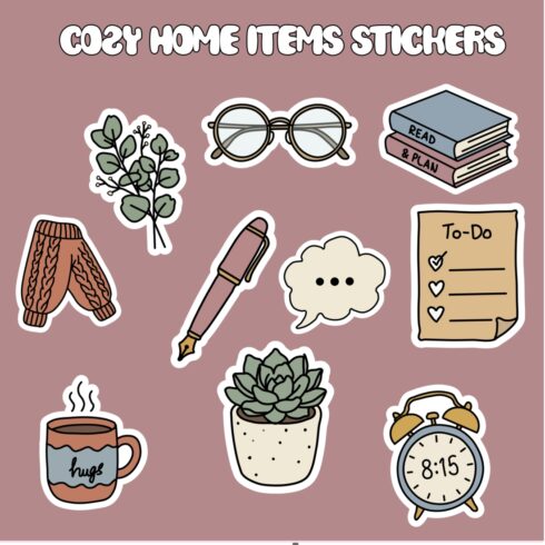 Cozy Home Items PNG Sticker Bundle, Aesthetic Hand-Drawn Planner Clipart, Hygge Lifestyle Sublimation Graphics, Digital Journaling PNG Pack cover image.