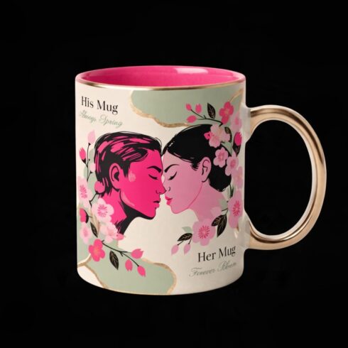 Love in Bloom | Cherry Blossom Couple Coffee Mug Mockup Pair| Elegant Wedding & Anniversary Gift Design cover image.