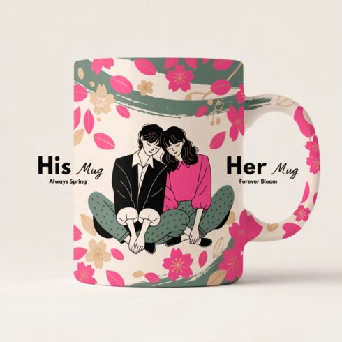 Cherry Blossom Collection | Always Spring • Forever Bloom | Romantic Floral Couple Mug Mockup | Elegant Wedding & Anniversary Gift Design cover image.