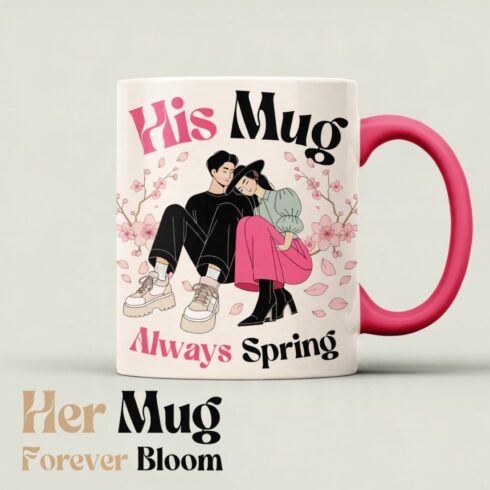 Love in Bloom | Cherry Blossom Couple Coffee Mug Mockup Pair| Elegant Wedding & Anniversary Gift Design cover image.
