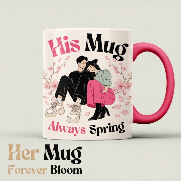 Love in Bloom | Cherry Blossom Couple Coffee Mug Mockup Pair| Elegant Wedding & Anniversary Gift Design cover image.