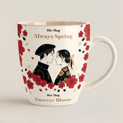 Love in Bloom | Cherry Blossom Couple Coffee Mug Mockup pair| Romantic Floral Couple Mug Mockup | Elegant Wedding & Anniversary Gift Design cover image.