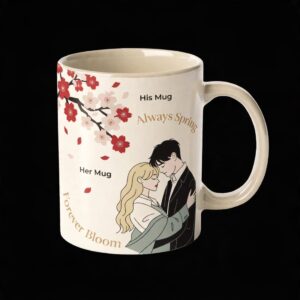 Love in Bloom | Cherry Blossom Couple Coffee Mug Mockup pair| Romantic Floral Couple Mug Mockup | Elegant Wedding & Anniversary Gift Design cover image.