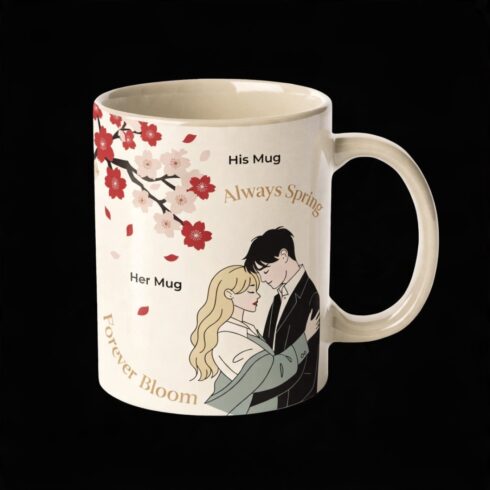 Love in Bloom | Cherry Blossom Couple Coffee Mug Mockup pair| Romantic Floral Couple Mug Mockup | Elegant Wedding & Anniversary Gift Design cover image.