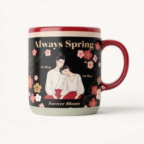 Love in Bloom | Cherry Blossom Couple Coffee Mug Mockup Pair| Elegant Wedding & Anniversary Gift Design cover image.
