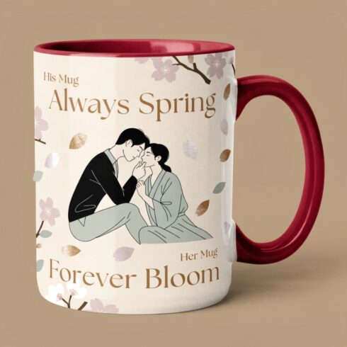 Love in Bloom | Cherry Blossom Couple Coffee Mug Mockup pair| Romantic Floral Couple Mug Mockup | Elegant Wedding & Anniversary Gift Design cover image.