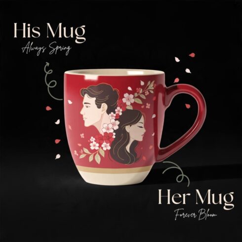 Cherry Blossom Collection | Always Spring • Forever Bloom | Romantic Floral Couple Mug Mockup | Elegant Wedding & Anniversary Gift Design cover image.