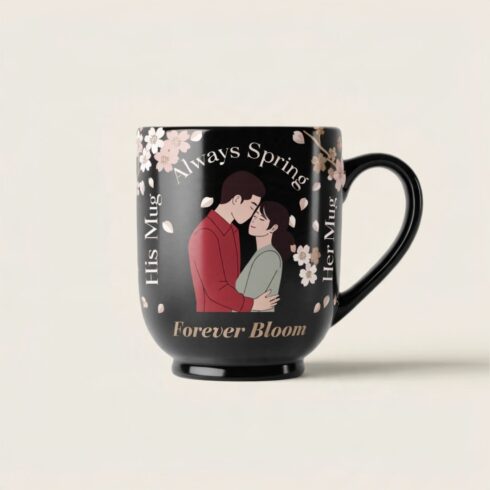 Cherry Blossom Collection | Always Spring • Forever Bloom | Romantic Floral Couple Mug Mockup | Elegant Wedding & Anniversary Gift Design cover image.