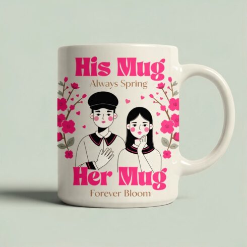 Cherry Blossom Collection | Always Spring • Forever Bloom | Romantic Floral Couple Mug Mockup | Elegant Wedding & Anniversary Gift Design cover image.