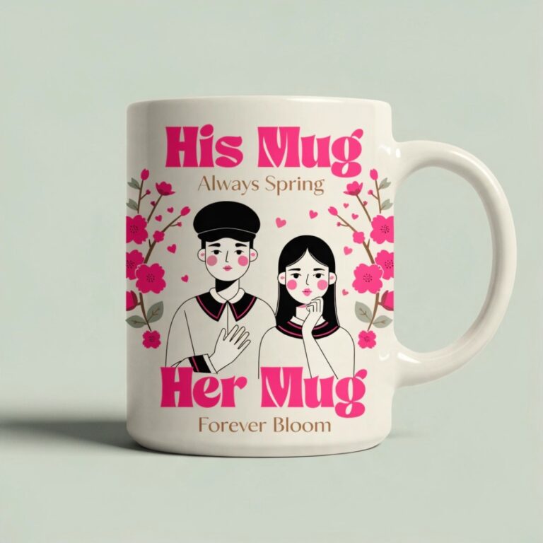Cherry Blossom Collection | Always Spring • Forever Bloom | Romantic Floral Couple Mug Mockup | Elegant Wedding & Anniversary Gift Design cover image.