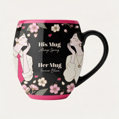 Cherry Blossom Collection | Always Spring • Forever Bloom | Romantic Floral Couple Mug Mockup | Elegant Wedding & Anniversary Gift Design cover image.