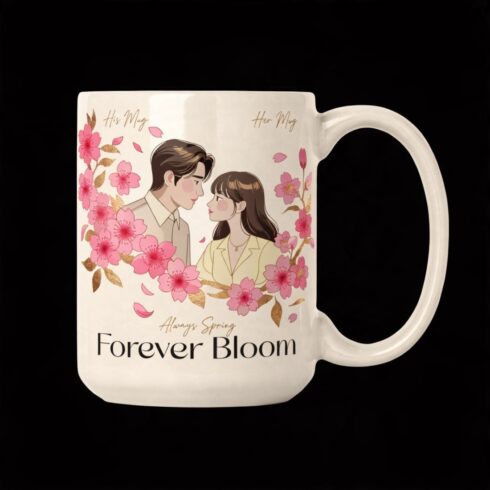Cherry Blossom Love Collection | Always Spring โข Forever Bloom | Romantic Couple Mug Mockup Pair cover image.