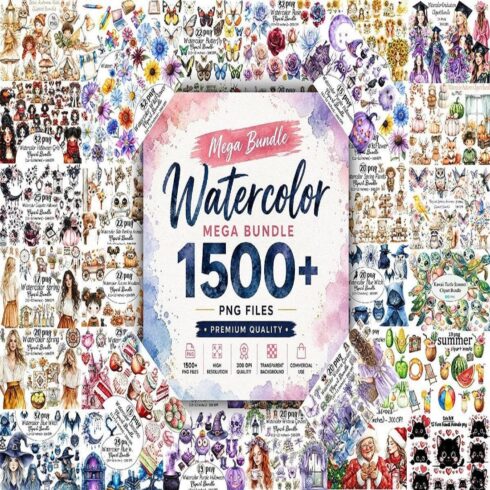 FREE Download: Watercolor Mega Bundle (1,500+ High-Res PNG Clipart Set!) cover image.
