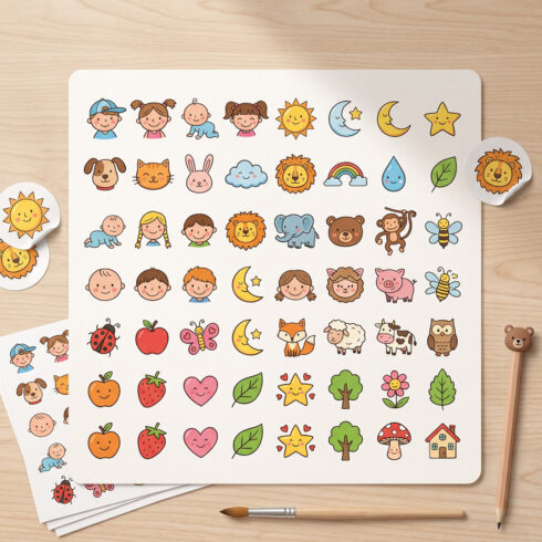 Cute Kids & Baby Doodles Clipart Bundle, Kawaii Nursery Icons, Animals, Nature, Characters Vector Pack for Stickers, Flashcards & Crafts cover image.