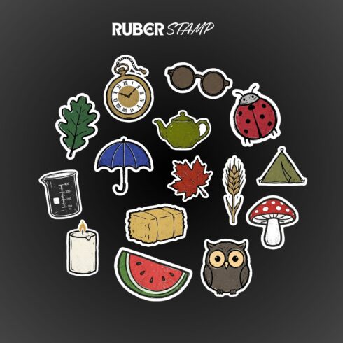 Rustic Rubber Stamp Stickers – 86 Cute Vector Illustrations Bundle (PNG, JPG) cover image.